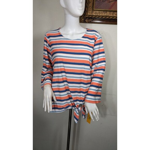 Ruby R Women Pullover Orange Blue Side Tie Knit Striped Top Blouse Sz XL (13) - Picture 5 of 13